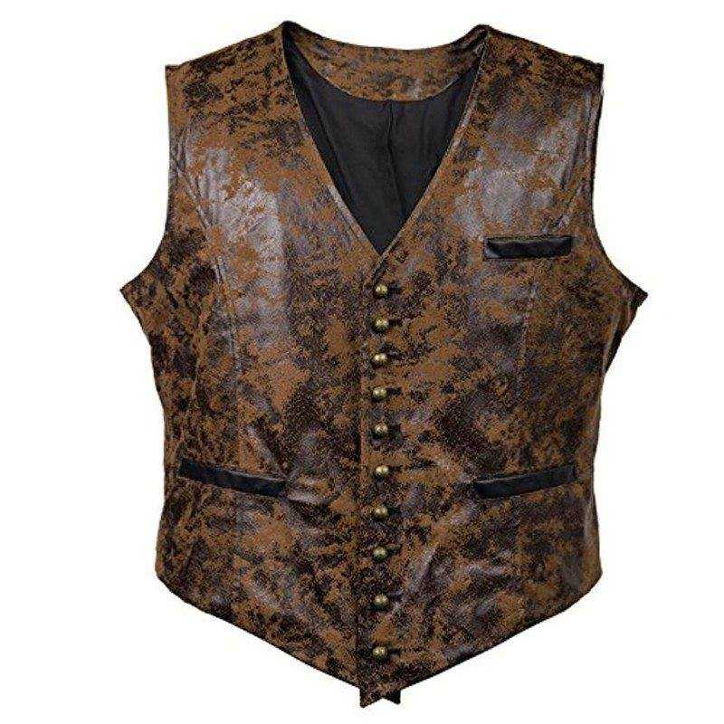 Mens Gothic Steampunk Suede Vest Rivet Button Single Breasted V Neck Waistcoat Men Victorian Aristocrat Mens Cosplay Costume 3XL