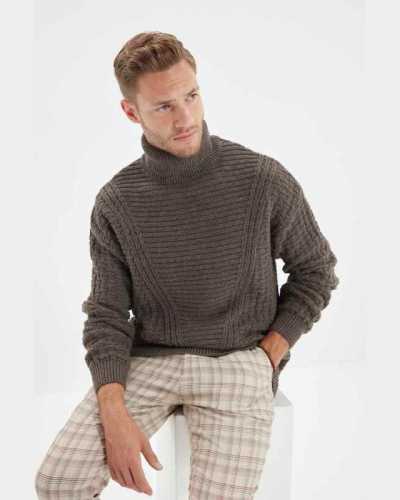 Men Oversize Turtleneck Texture Panelli Knitwear Sweater
