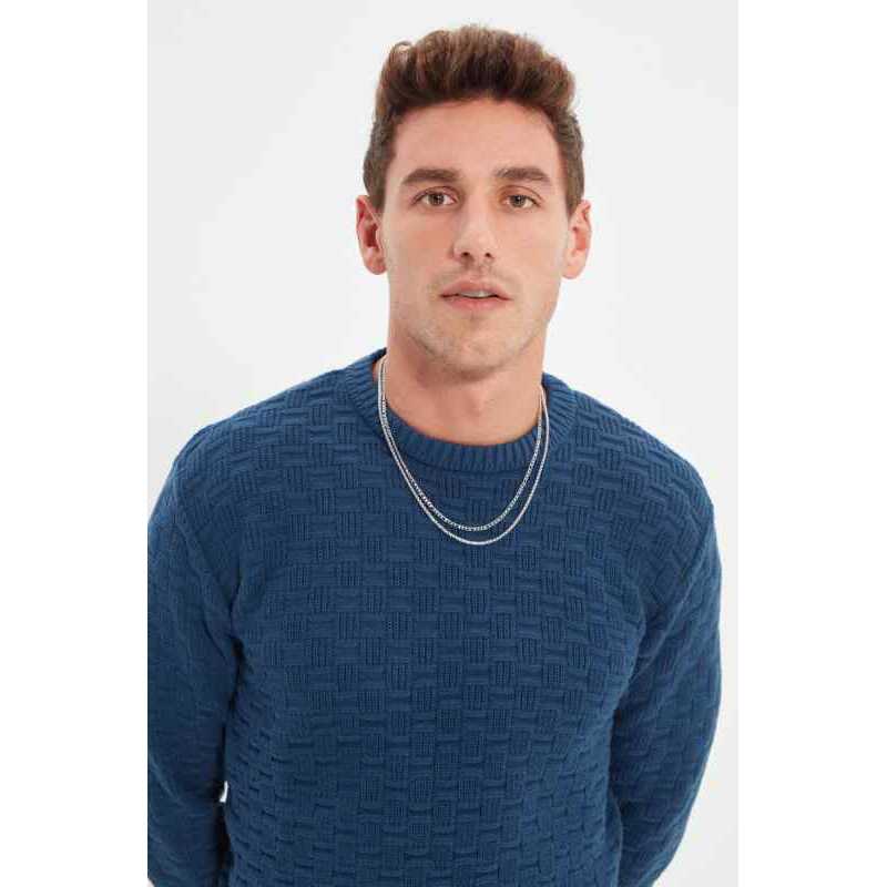 Male Slim Fit Bike Collar Textured Knitwear Sweater
