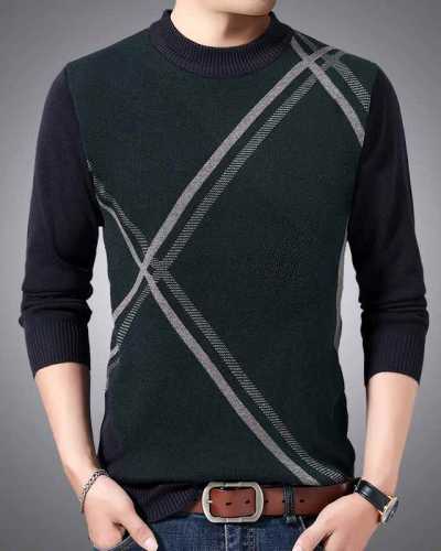 Men's autumn winter warmth pullover bottoming shirt sweater men's business casual round neck slim striped long sleeved sweater