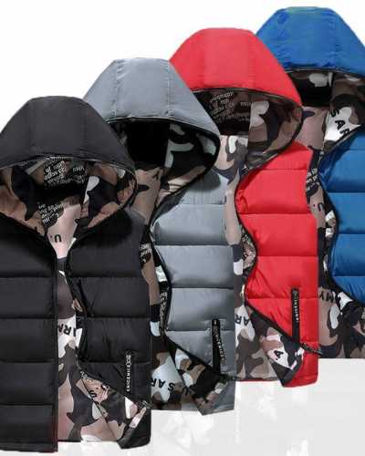 Winter Men Down Vest Sleeveless Jackets Warm Thick Male Casual Hooded Waistcoat Jacket Men Solid Both Side Wear Outwear Coats