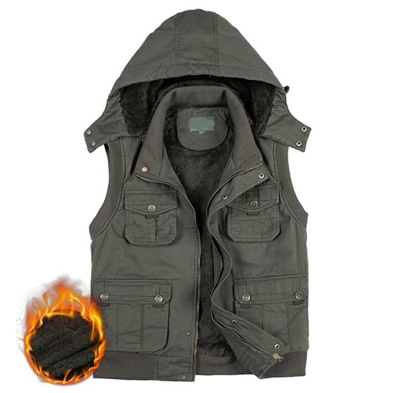 Fleece Hoodie Multi Pocket Men Vest For Winter Autun Male Thick Warm Parka Travel Khaki Sleeveless Waistcoat With Many Pockets