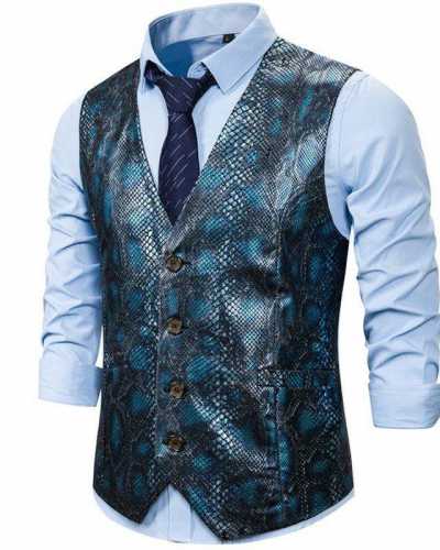 Spring Autumn Mens Waistcoat Vest Glossy Snakeskin Printed Chaleco Traje Hombre Business Wedding Slim Fit Men Sleeveless Jacket