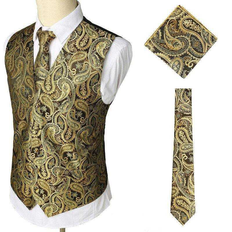 Gold Paisley Floral Jacquard 3pcs Vest+Tie+Hankerchief Set Brand Slim Fit Business Wedding Sleeveless Waistcoat Men Gilet Homme