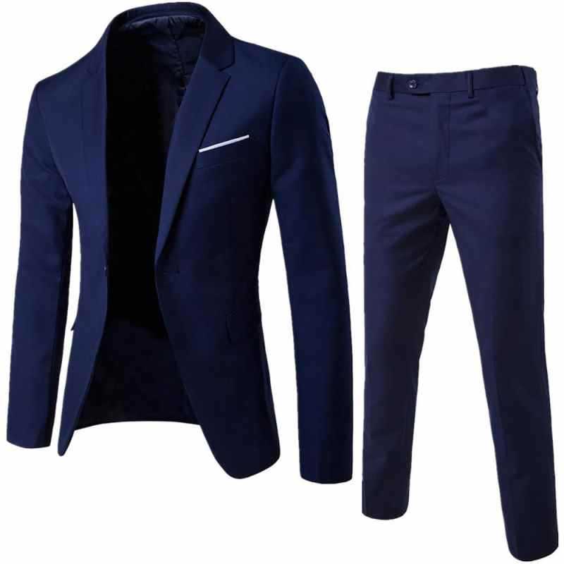 2Pcs Solid Color Suits Men Long Sleeve Lapel Collar Blazer (Jacket+Pants) Suit for Men Wedding Busniess Suits Set costumes homme
