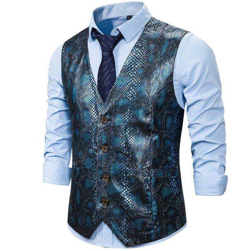 Spring Autumn Mens Waistcoat Vest Glossy Snakeskin Printed Chaleco Traje Hombre Business Wedding Slim Fit Men Sleeveless Jacket