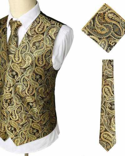Gold Paisley Floral Jacquard 3pcs Vest+Tie+Hankerchief Set Brand Slim Fit Business Wedding Sleeveless Waistcoat Men Gilet Homme