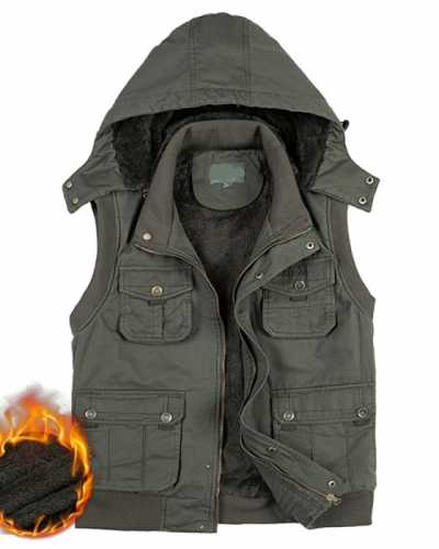 Fleece Hoodie Multi Pocket Men Vest For Winter Autun Male Thick Warm Parka Travel Khaki Sleeveless Waistcoat With Many Pockets