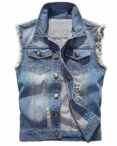 Denim Sleeveless Jacket Men Fashion Ripped Cotton Jean Vests Gilet Casual Jeans Waistcoat Cowboy Hip Hop Streetwear Clothing