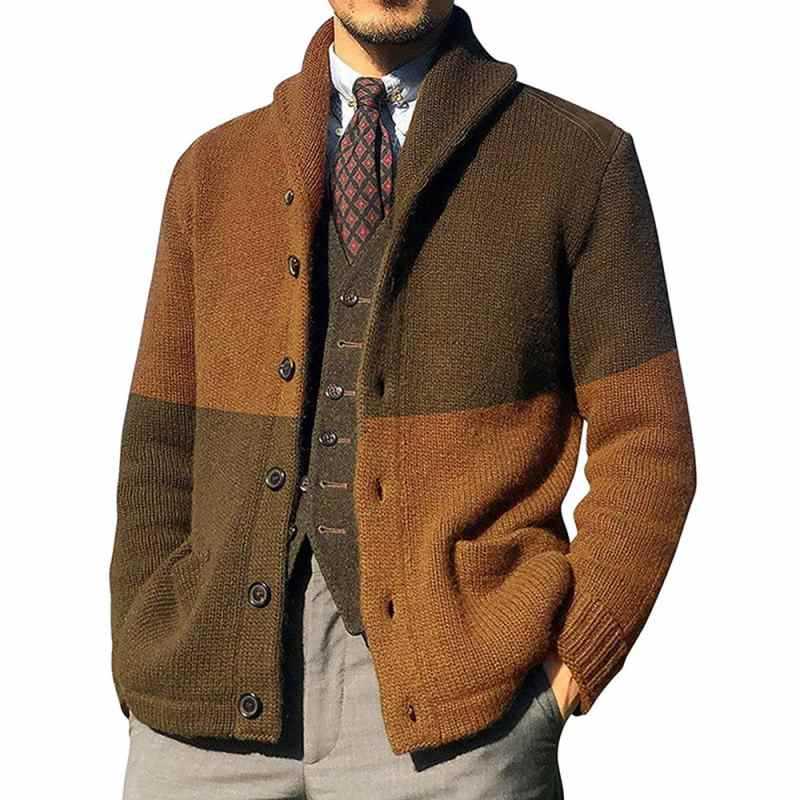 Men Sweater Cardigans Autumn Winter Casual Gentle Patchwork Sweaters Color Block Slim Long Sleeve Single Breasted Lapel Cardigan