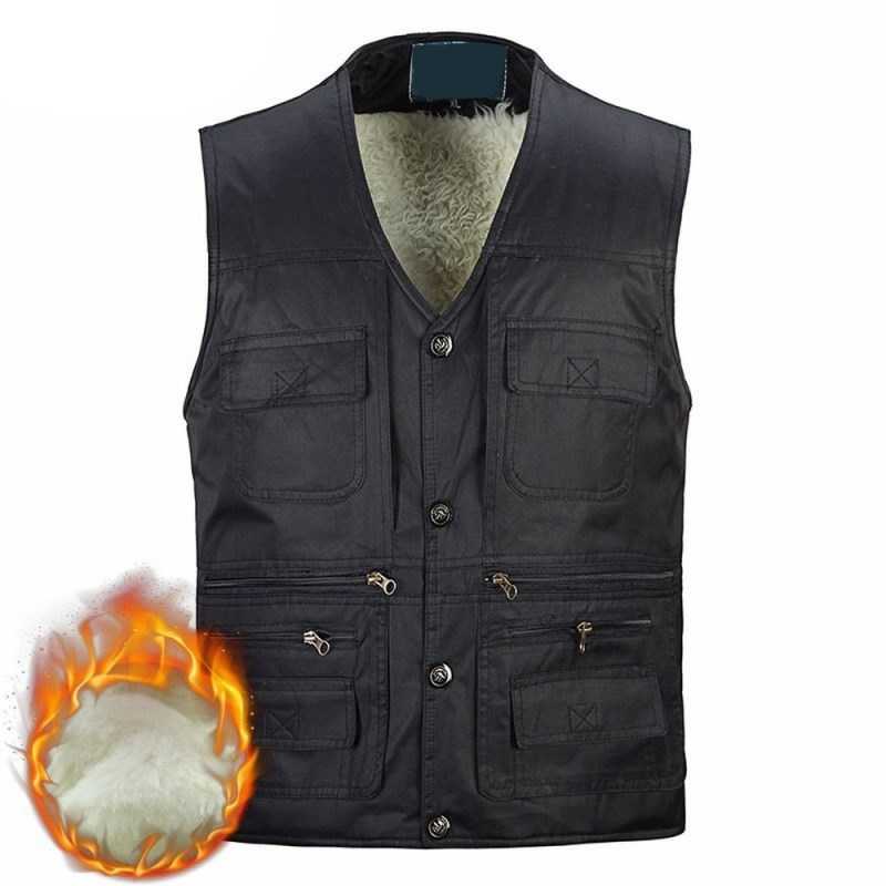Winter Fleece Warm Vest For Men Autumn Male Casual Multi Pocket Photographer Sleeveless Jacket Mens Waistcoat With Many Pockets