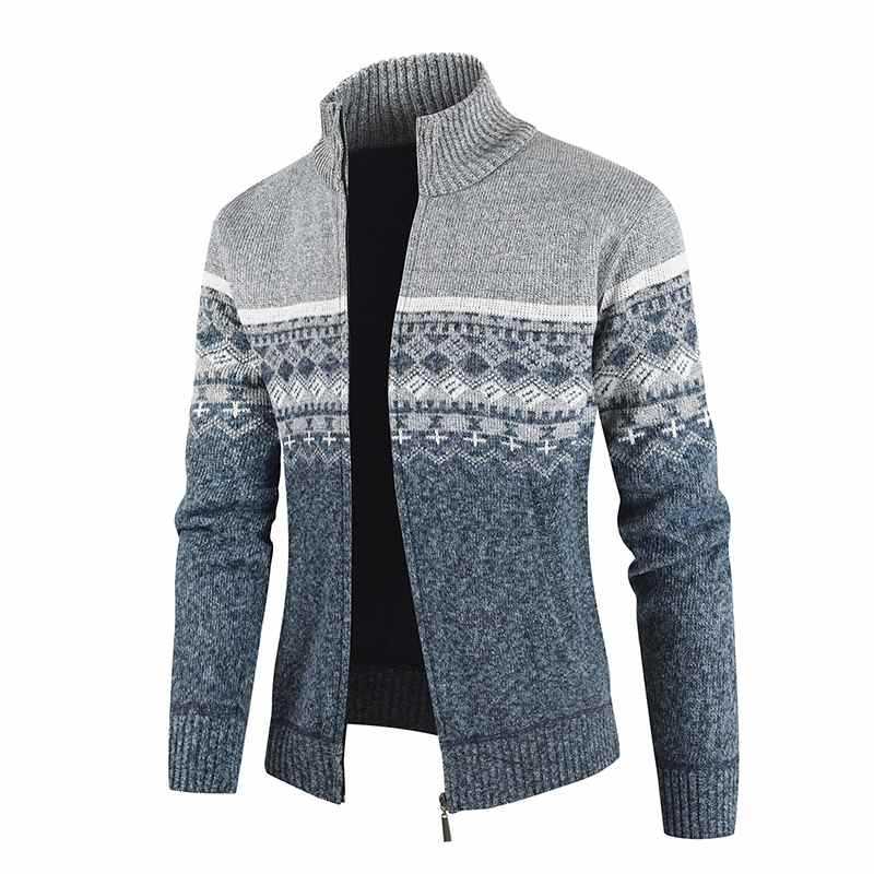 Winter thick coat men's stripe knitted cardigan casual stand collar jacket autumn winter fleece faux fur sweater
