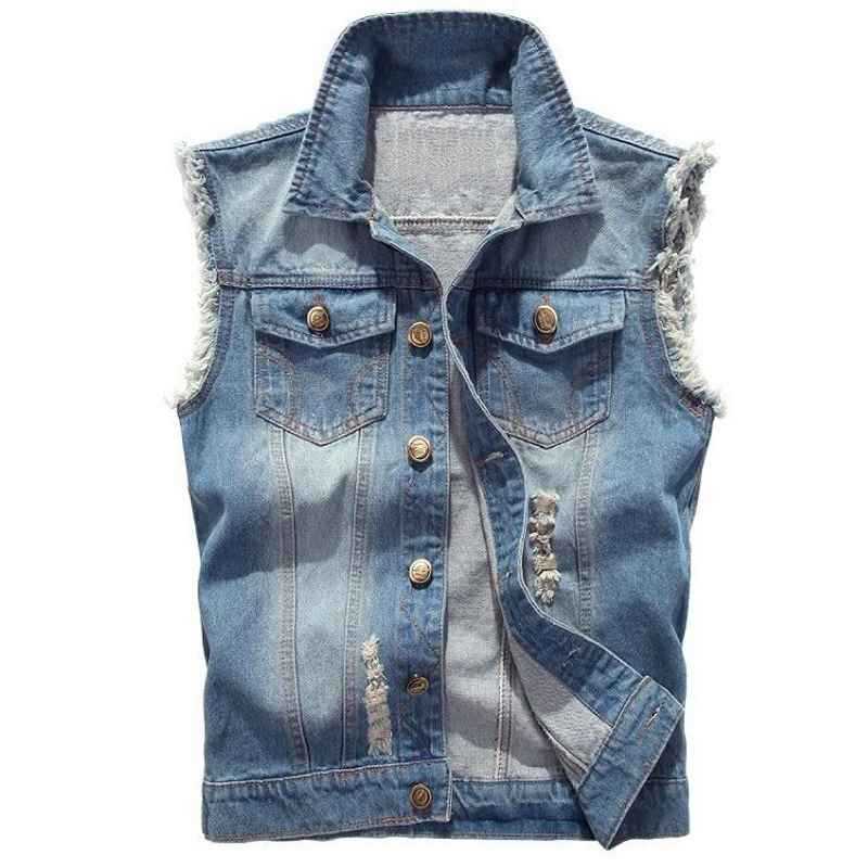 Denim Sleeveless Jacket Men Fashion Ripped Cotton Jean Vests Gilet Casual Jeans Waistcoat Cowboy Hip Hop Streetwear Clothing