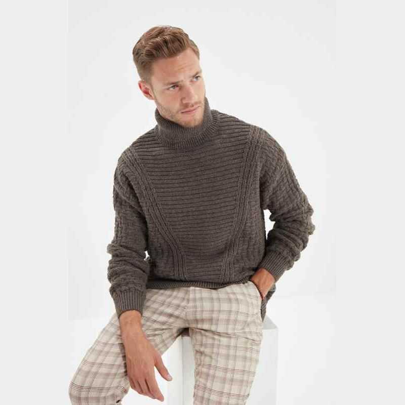 Men Oversize Turtleneck Texture Panelli Knitwear Sweater