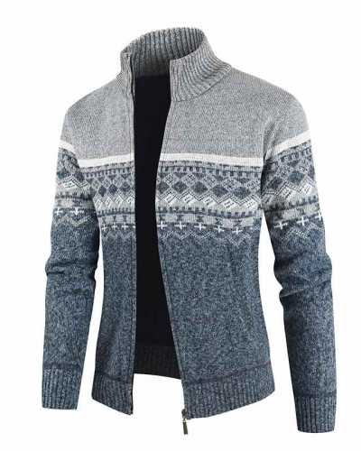 Winter thick coat men's stripe knitted cardigan casual stand collar jacket autumn winter fleece faux fur sweater