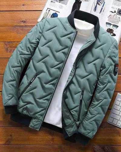 Autumn Winter Jacket Men Casual Cotton Padded Thick Baseball Jacket Diamond Pattern Warm Casual Coat Fashion Clothing Mens Coat