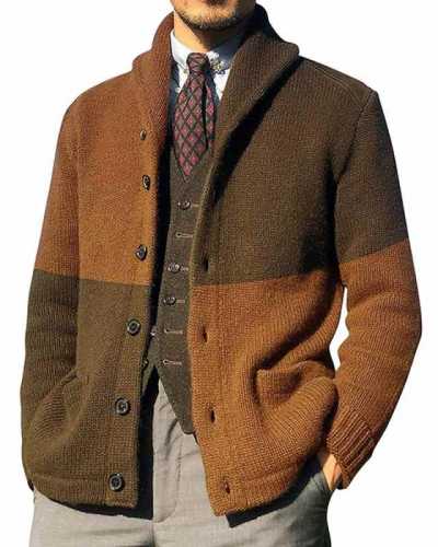 Men Sweater Cardigans Autumn Winter Casual Gentle Patchwork Sweaters Color Block Slim Long Sleeve Single Breasted Lapel Cardigan