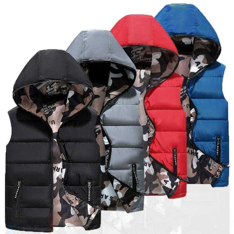 Winter Men Down Vest Sleeveless Jackets Warm Thick Male Casual Hooded Waistcoat Jacket Men Solid Both Side Wear Outwear Coats